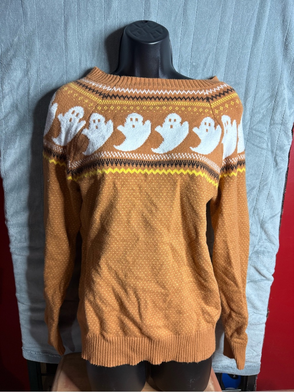 Women’s Pumpkin Orange Ghost Pattern Crewneck Sweater